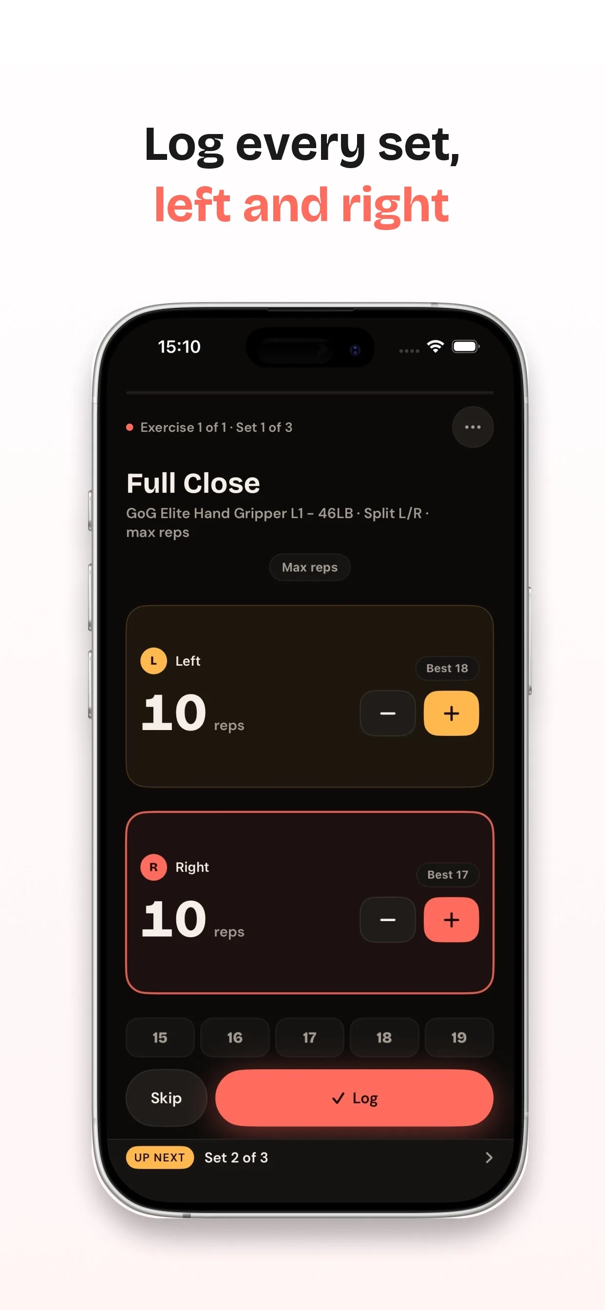 MrGripper workout screen showing separate left- and right-hand set logging.