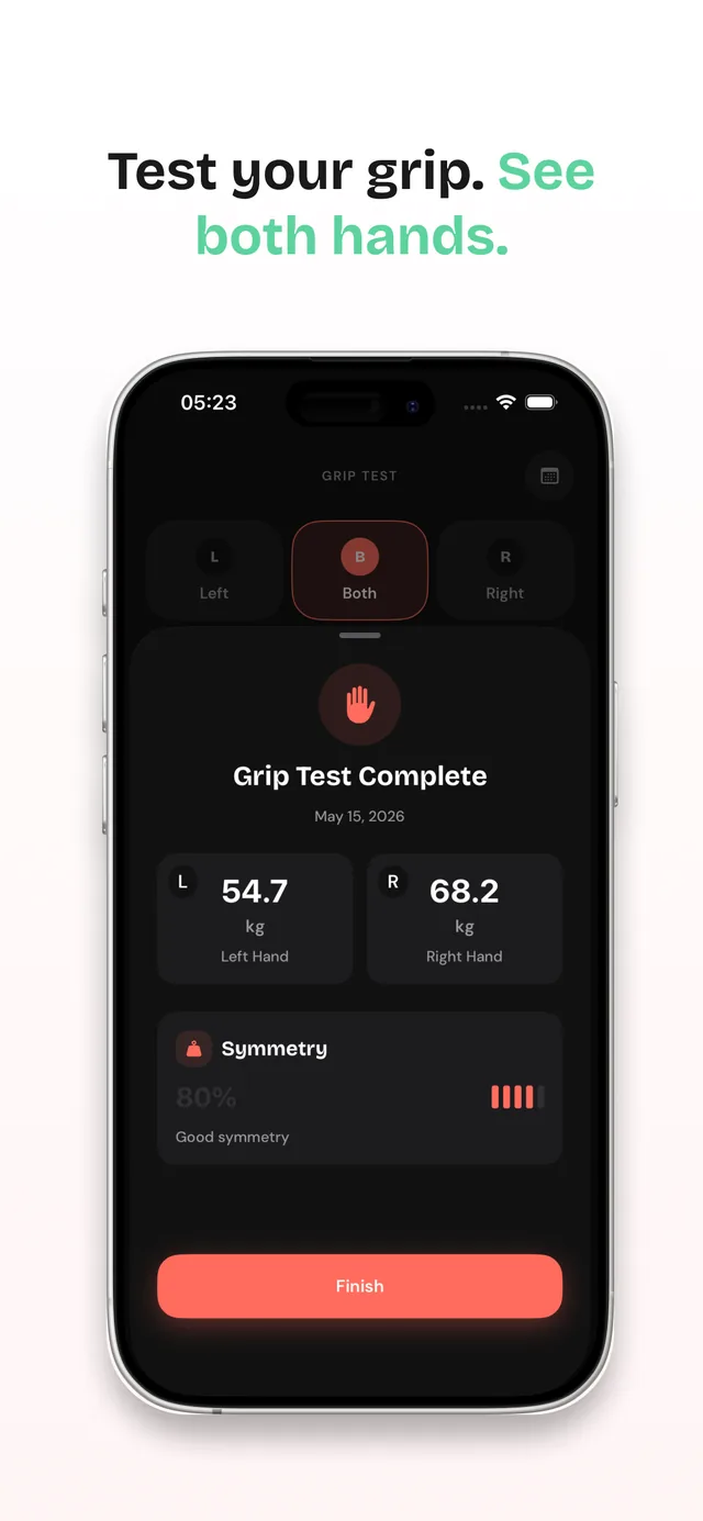 Completed dynamometer grip test showing 54.7 kg for the left hand, 68.2 kg for the right hand, and an 80% symmetry score