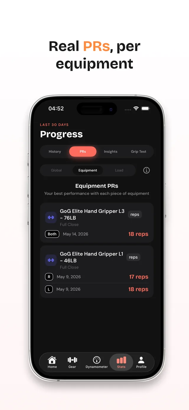 Progress screen listing equipment-specific personal records for two hand grippers with rep bests per hand