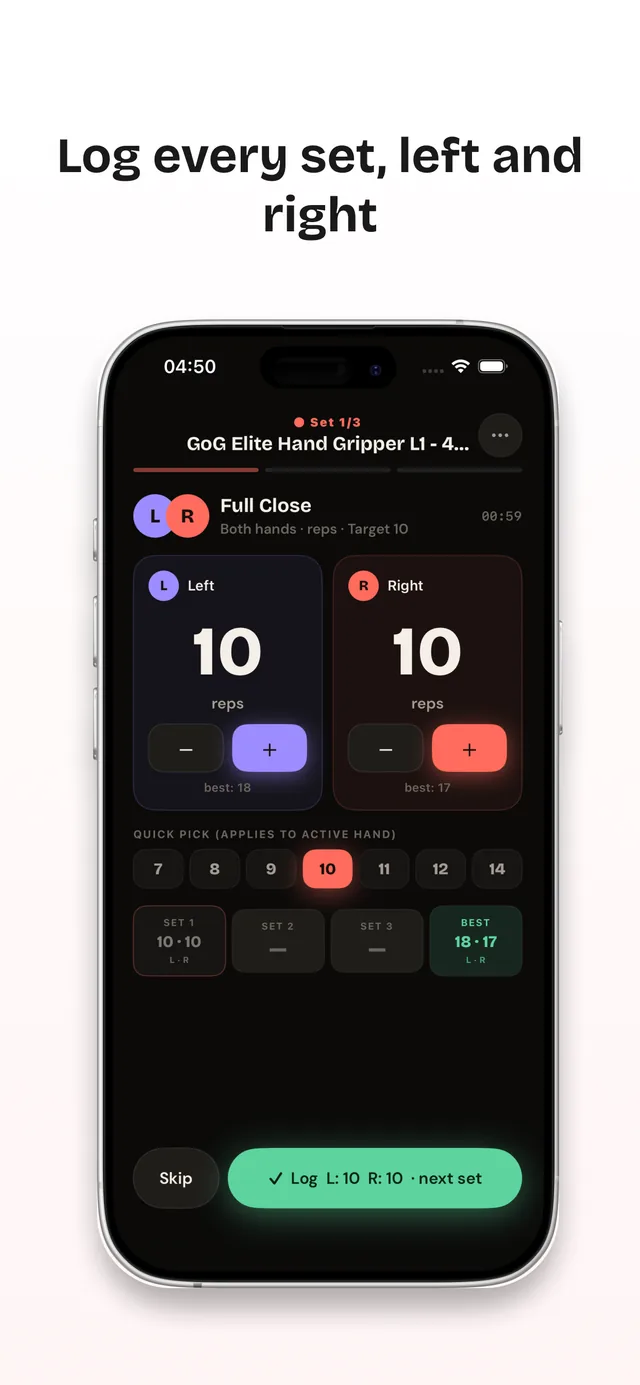 Workout logging screen recording ten reps for the left and right hand separately, with quick-pick values and set history